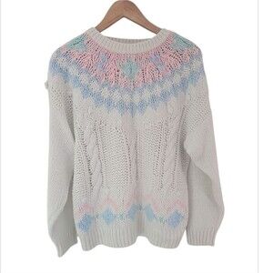 Jason Maxwell Vintage Hand Knit Pastel Fair Isle Sweater Powder Pink Blue  Sz L